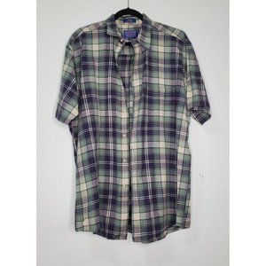 Pendleton Size L 100% Cotton Green Plaid Short Sleeve Summer Button Up Shirt